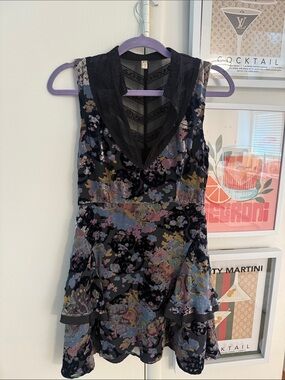 Free People Black Floral V-Neck Mini Dress with Lace Trim